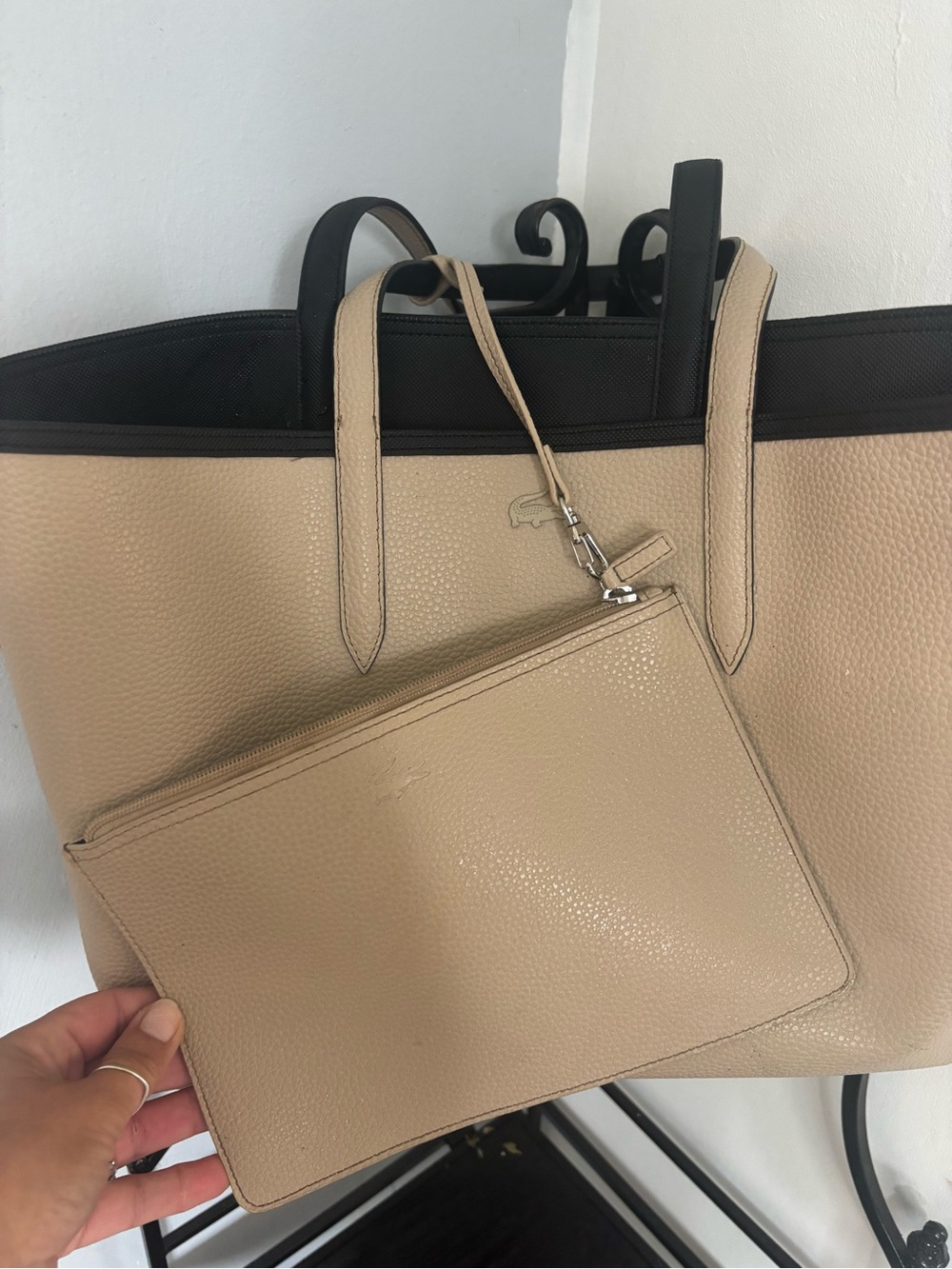 Lacoste Black PVC Shoulder Tote with Beige Pouch - Picture 3 of 5